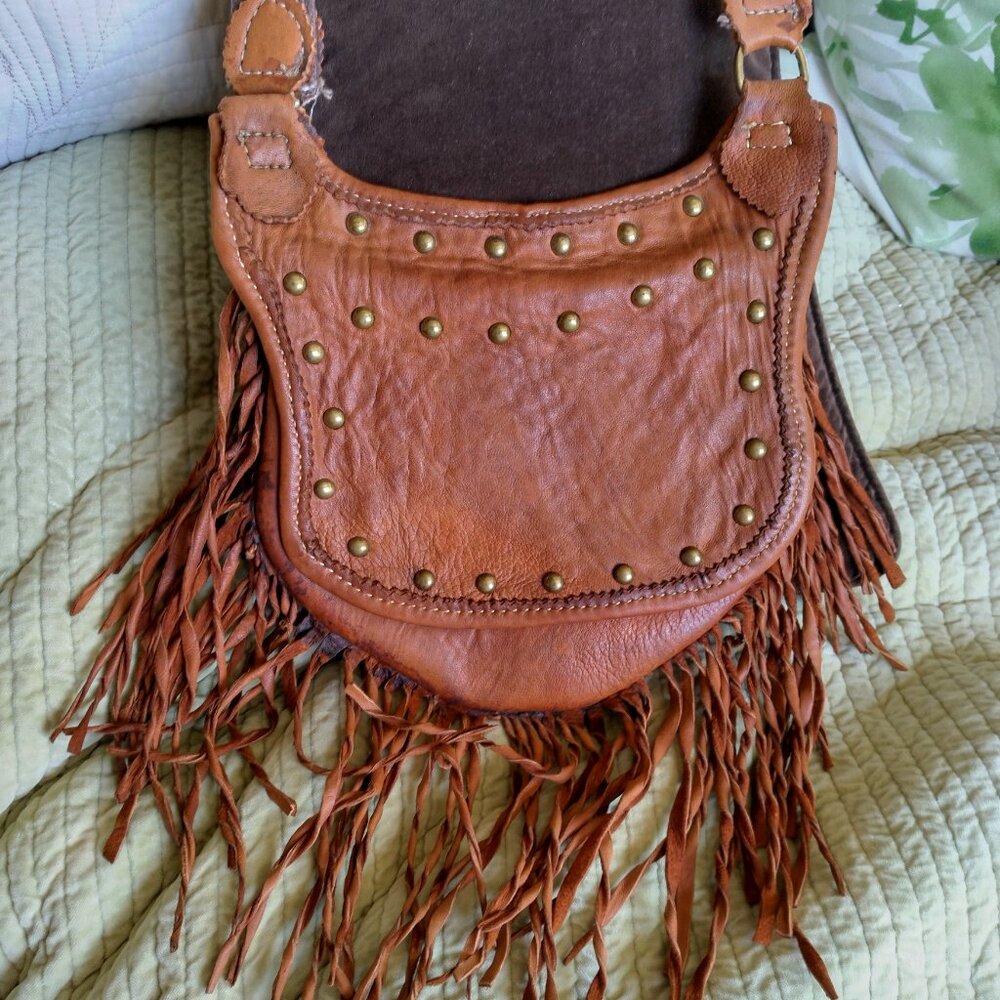 Genuine leather, cross body purse, fringe, boho, nail head trim, great condition